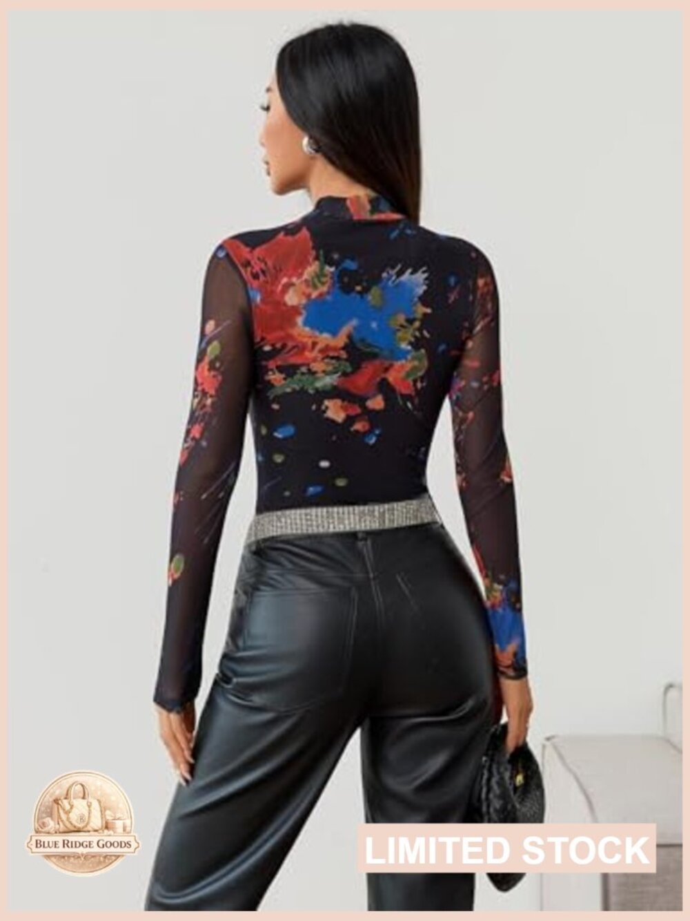 Women's Mesh Long Sleeve Bodysuit Mock Neck Printed Snap Crotch One Piece - Picture 5 of 5